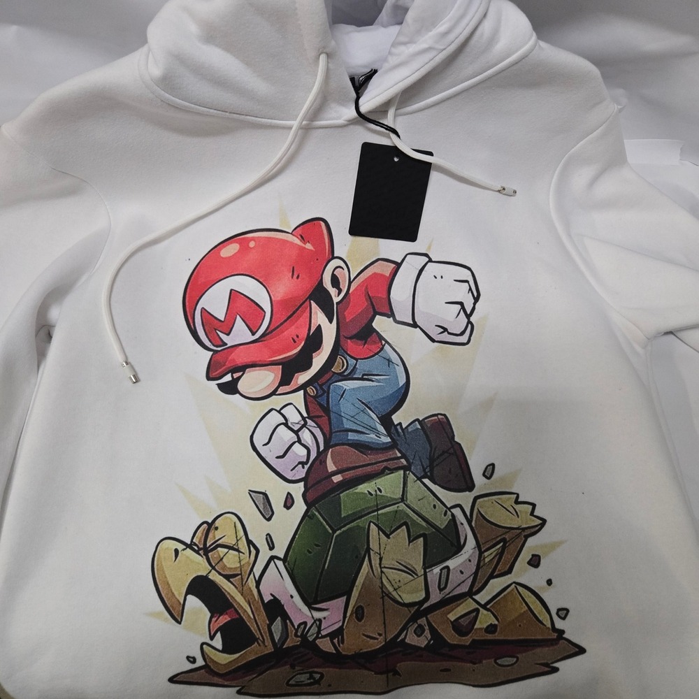 Boohoo MAN White Graphic Hoodie Mario Stomp Gaming Sweatshirt NWT XL